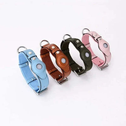 SecureTrack Leather AirTag Collar and matching leather leash set for dogs with built-in AirTag holder and adjustable buckle