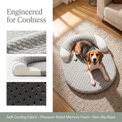 Oval ChillNest cooling pet bed with breathable honeycomb fabric and bolstered edges for dogs and cats