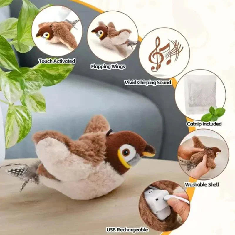FlappyBird Interactive Cat Toy with chirping sound and flapping wings, touch-activated sensor, and rechargeable plush bird design for cats.