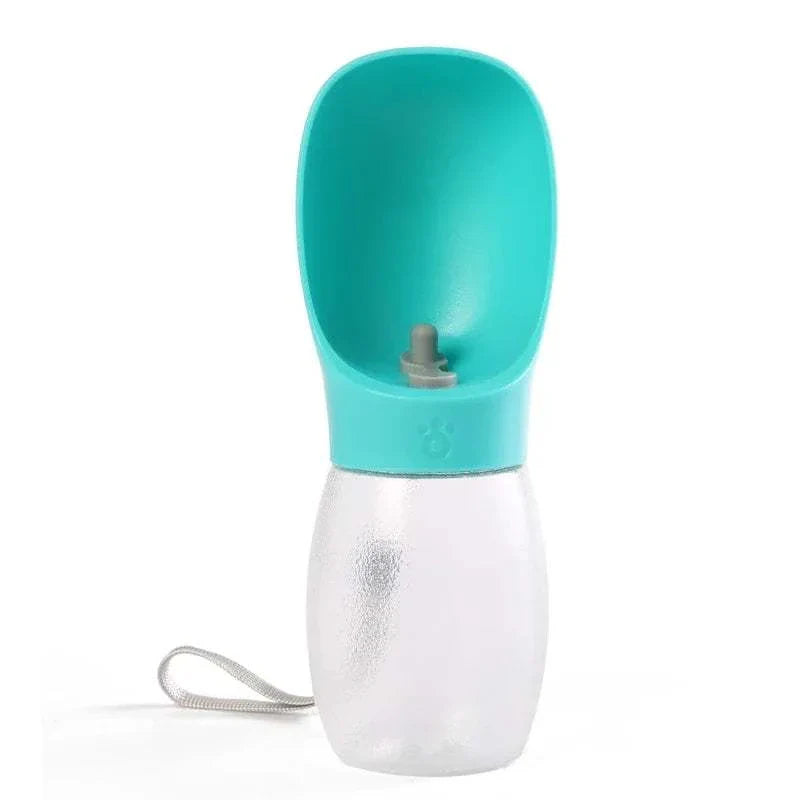 HydroPaw Portable Pet Water Bottle in white with built-in drinking bowl and carrying lanyard for pet hydration on the go