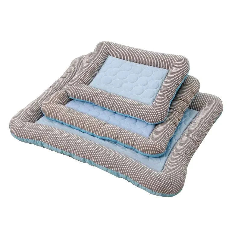 Pink and blue cooling pad beds for dogs and cats made of breathable cotton with striped pattern