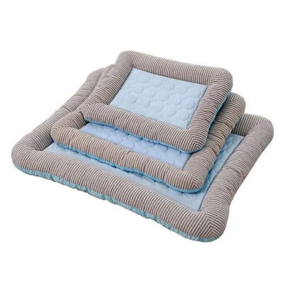 Pink and blue cooling pad beds for dogs and cats made of breathable cotton with striped pattern